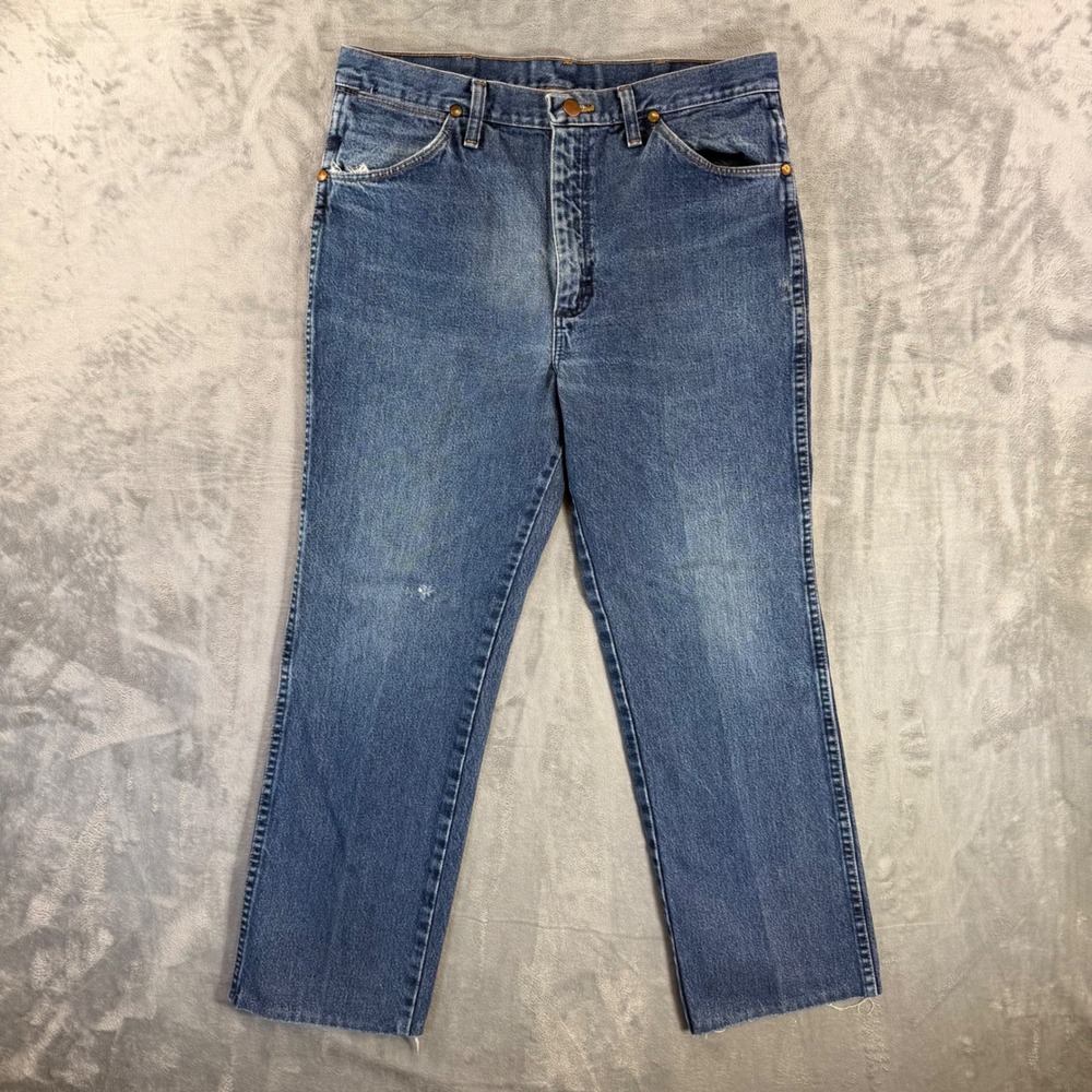 Wrangler 936 Cowboy Cut Slim Fit Jeans 34x28 Blue Denim *Hemmed* (Tag Sz 34x30)